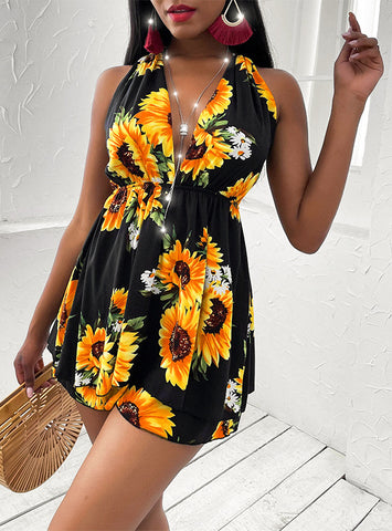 Trendy Sleeveless Drawstring Sunflower Dress