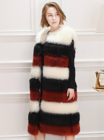 Women Contrast Color Fur Coat Artificial Fox Fur Mosaic 