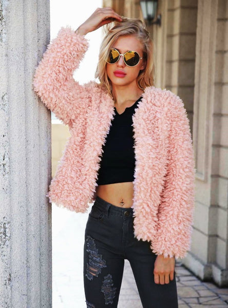 Pink Plush Short Coat Faux Fur Short Coat