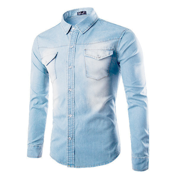  Long Sleeve Denim Dress Shirts for Men Plus Size Personality Double Chest Pockets Washed