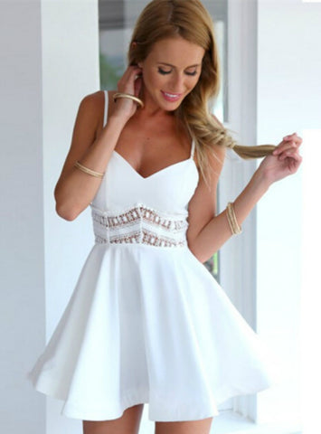 Strap V Neck Crochet Lace Waist Skater Dress 