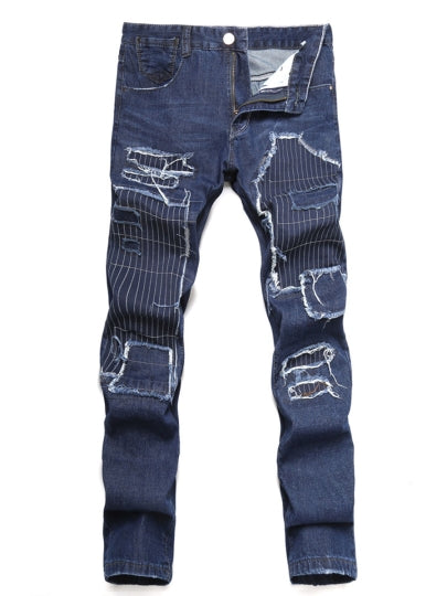 Men's Straight Jeans Mid Waist Hole and Worn Vogue 