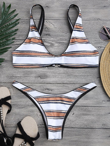 Striped High Cut Scoop Bikini Set