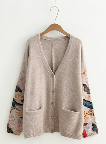  V-neck Sweaters Loose Retro Hit Color Printed Knitted 