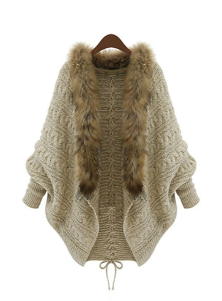 Women Faux Fur Collar Coat Batwing Sleeve Loose Shawl Sweater