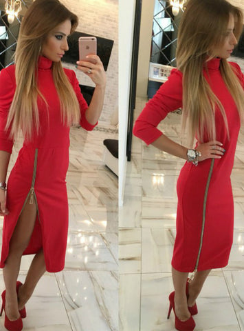 Zipper Up Split Sexy Party Dresses Long Sleeve 