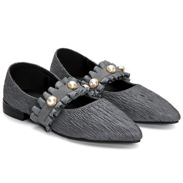 Cheap Grey Pleated Design Flat Ballet with Pearl Embellished 