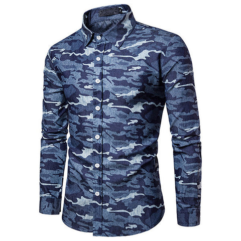  Denim Designer Shirts for Men Camo Printing Stylish Slim Casual 