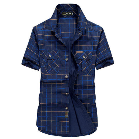 Short Sleeve Cargo Shirts For Men Summer Casual Loose Fit Checks Printing Cotton Turn down