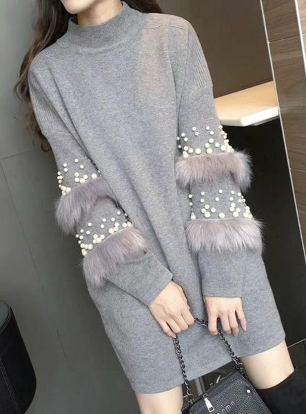 Women Sweater Knitted Dress Loose Pink Long Sleeve 