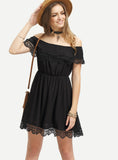 Women Sexy Slash Neck White Black Lace Patchwork Dress 