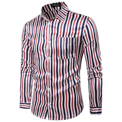  Long Sleeve Chest Pocket Designer Shirt for Men Glossy Silk Striped Casual Turn Down Collar