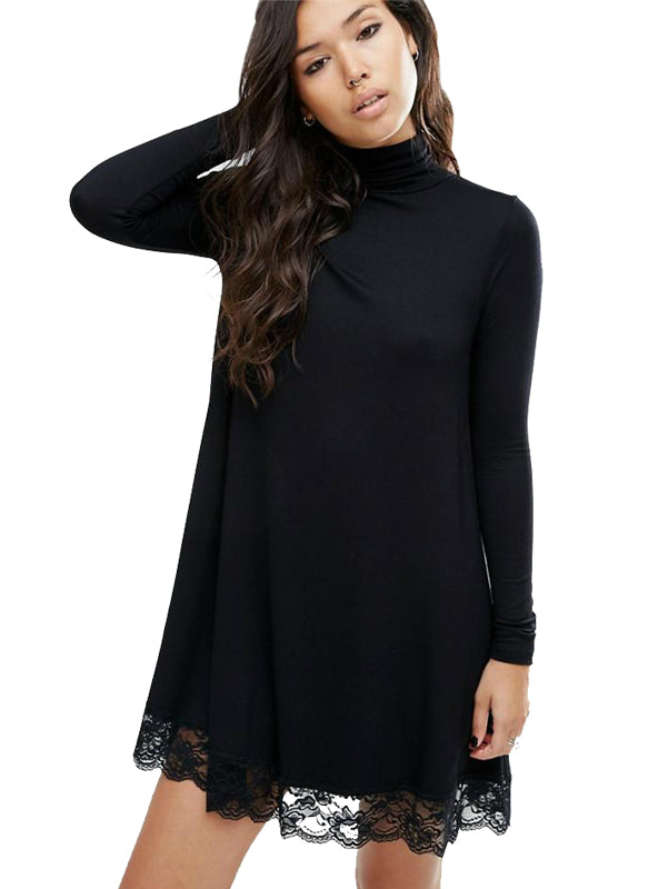 Long Sleeve Tunic Winter Dress Crochet Turtleneck Black Lace Dress – Ncocon
