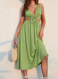 Green Halter-neck Backless Waisted Maxi Dress
