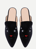 Cheap Black Cat Embroidery Point Toe Velvet Slippers