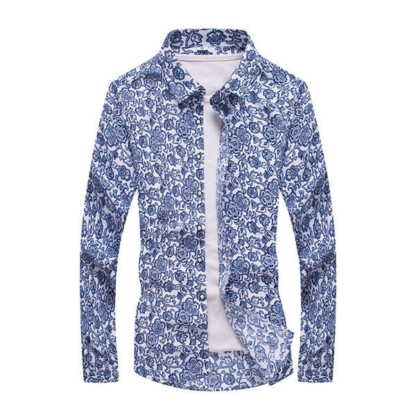 Turn down Collar Long Sleeve Slim Fit Casual Shirts Mens Spring Fall Blue White Floral Printing 