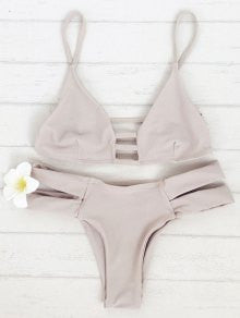 Spaghetti Straps Solid Color Bandage Bikini Set