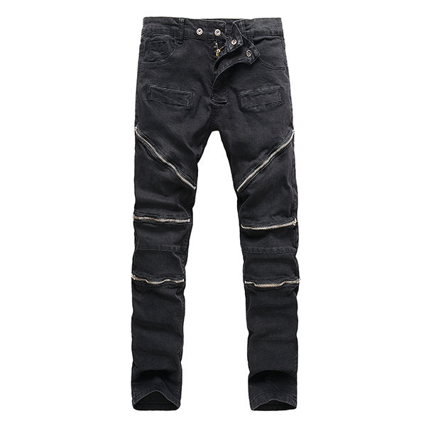 Stone Washed Elastic Slim Denim Jeans For Men Casual Multi-zippers 