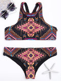 High Neck Geometrical Print Cut Out Bikini Set