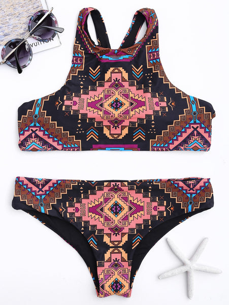 High Neck Geometrical Print Cut Out Bikini Set – Ncocon