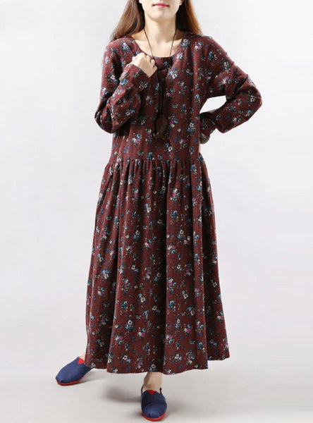 Women Vintage Floral Print Dress Long Sleeve O Neck Pockets