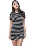 Neck Short-sleeved Dress Black And White Striped Dresses 