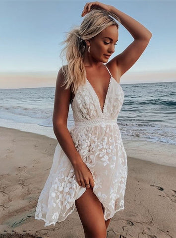 White solid Backless   Lace Mini dress