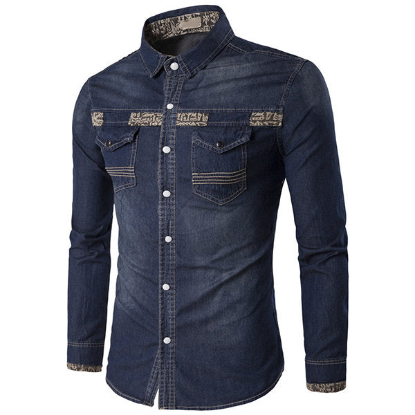 Denim Stylish Shirts for Men Blue Printing Chest Pockets 