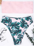Swimwear Women Swimsuit High Waist Pink Leaves Print Bandage Bikini