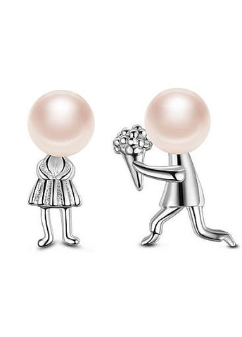 Fashion Proposing Lovers with Pink Fresh Water Pearl 925 Sterling Silver Ear Studs