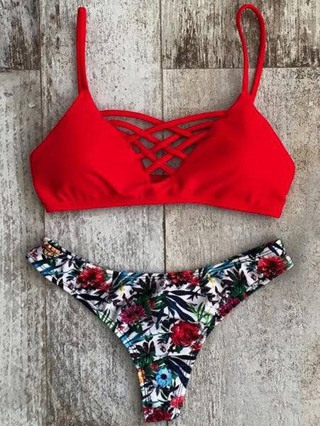 Printed Spaghetti Straps Lace Up Bikini Set