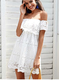 Off Shoulder White Lace Dress Women Hollow Out 