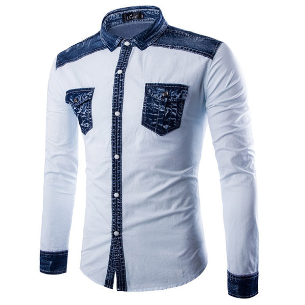 Designer Dress Shirt for Men Slim Fit Long Sleeve Chest Pocket Stitching