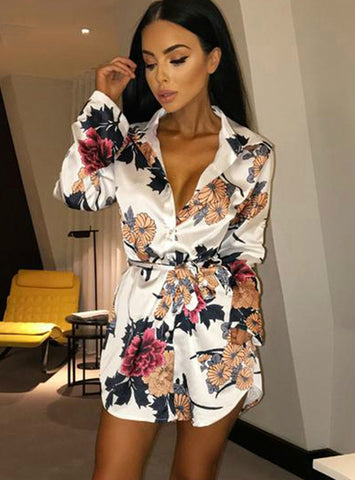 Floral Print Notched Dress Women 2018 Summer Long Sleeve Sexy Split
