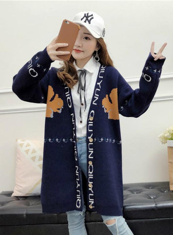 Long Sleeve Mid-Length Knitted Cardigan Thick 
