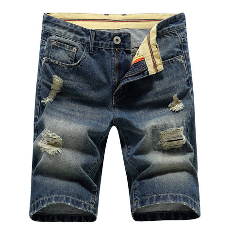 Knee Length Jeans for Men Summer Holes Worn Stone Washed