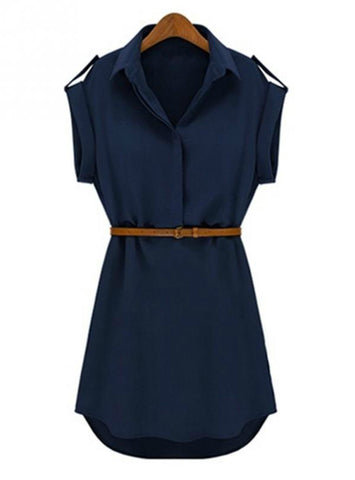 Women Shirts Short Sleeve Blouse Female Dresses With Belt 