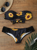Sunflower Print Push Up Bandeau Bikini Bathing Suit