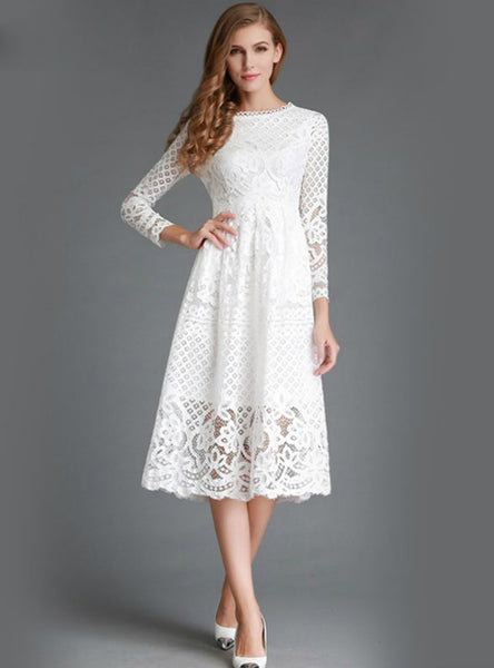 Hollow Out Elegant White Lace Elegant Party Dress 