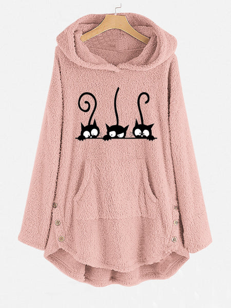 Casual Three Cute Cats Print Long Sleeve Fleece Hoodies