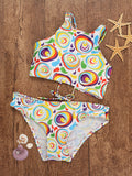 Lace Up High Neck Printed Colorful String Bikini Swimsuit
