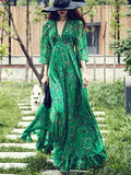  Green Flared Sleeves Bohemia Chiffon V-neck Maxi Dress