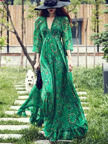  Green Flared Sleeves Bohemia Chiffon V-neck Maxi Dress