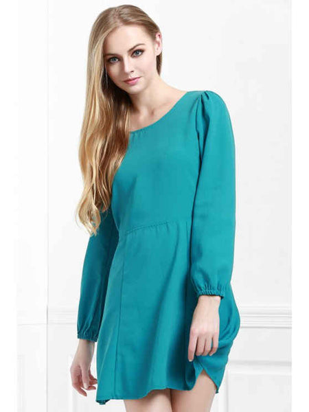 Chic Long Sleeve Open Back Green Dress
