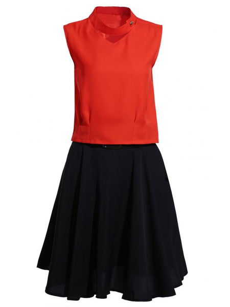 Stand Neck Jacinth Top + Flared Skirt Twinset