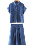 Pockets Shirt Collar Short Sleeve T-Shirt and Folded High Waist A-Line Denim Skirt