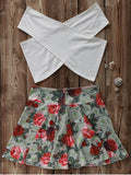 White Cross Crop Top and Floral A Line Skirt Suit