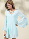 Trendy Solid Color V-Neck Flare Sleeve Dress