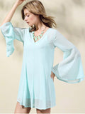 Trendy Solid Color V-Neck Flare Sleeve Dress