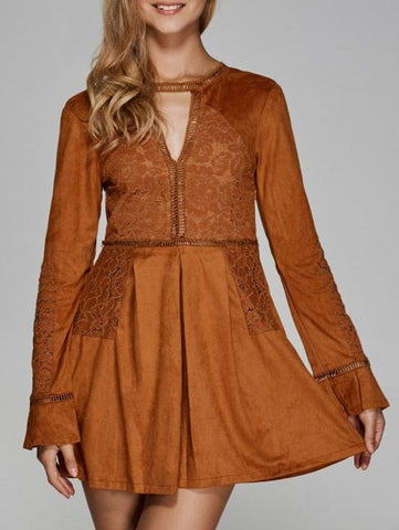 Fashion Sleeve Lace Cut Out Flare Dress
